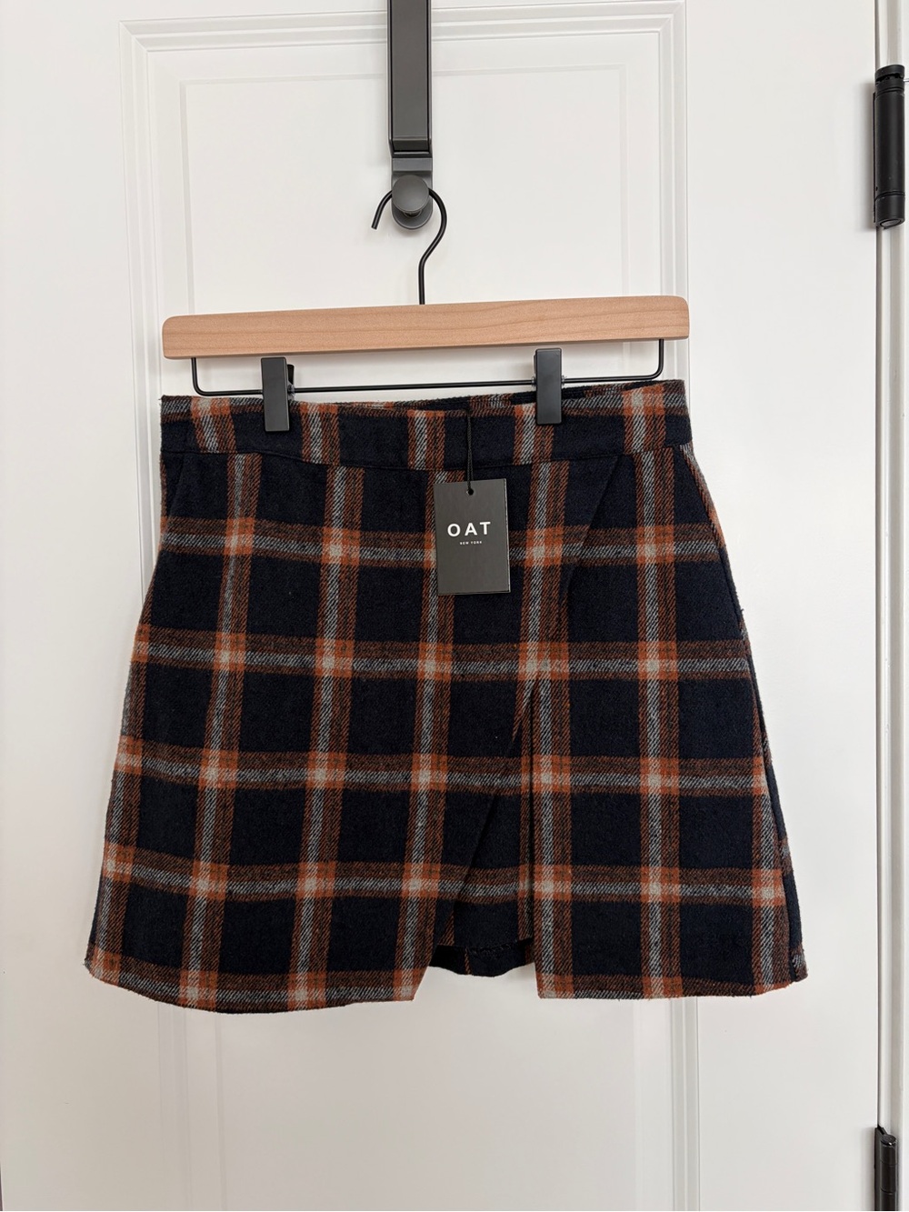 Oat New York Navy, Brown, and Orange Plaid Mini Skirt